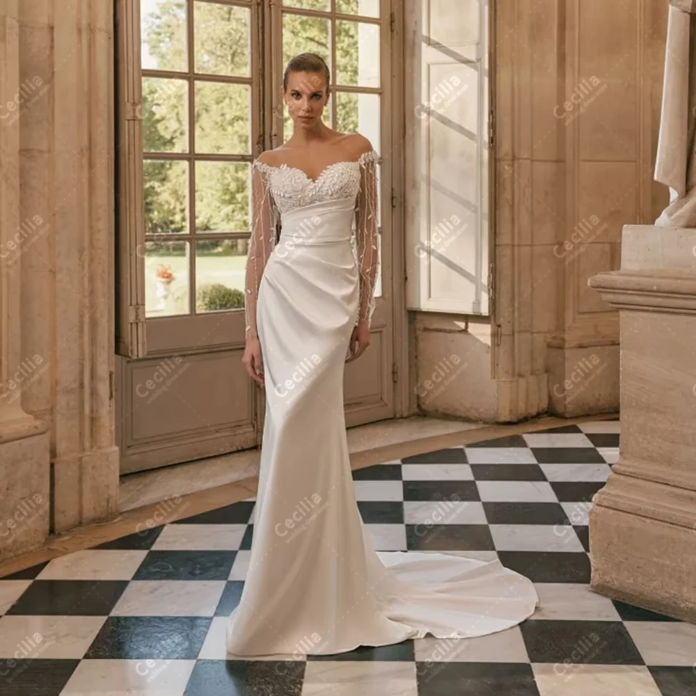 

Modern Wedding Dresses Satin Bridal Gowns Lace Appliques Off The Shoulder Robes For Women Vintage Customized Vestidos De Novia