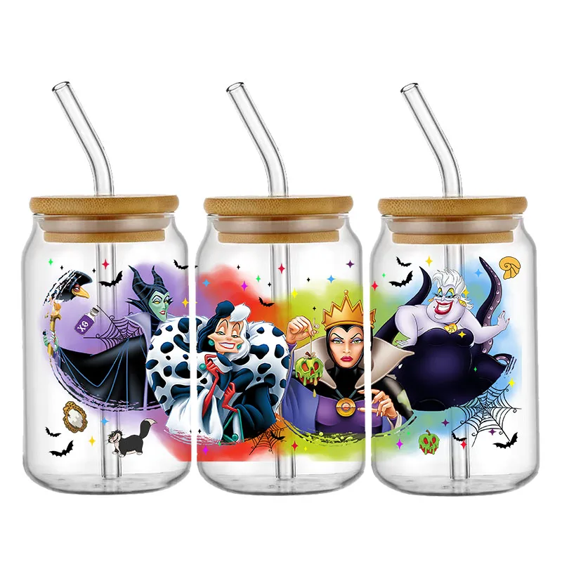 Stiker Disney Villain DTF untuk 16oz 20oz mug kustom UV Halloween stiker Transfer DIY Logo tahan air perekat diri