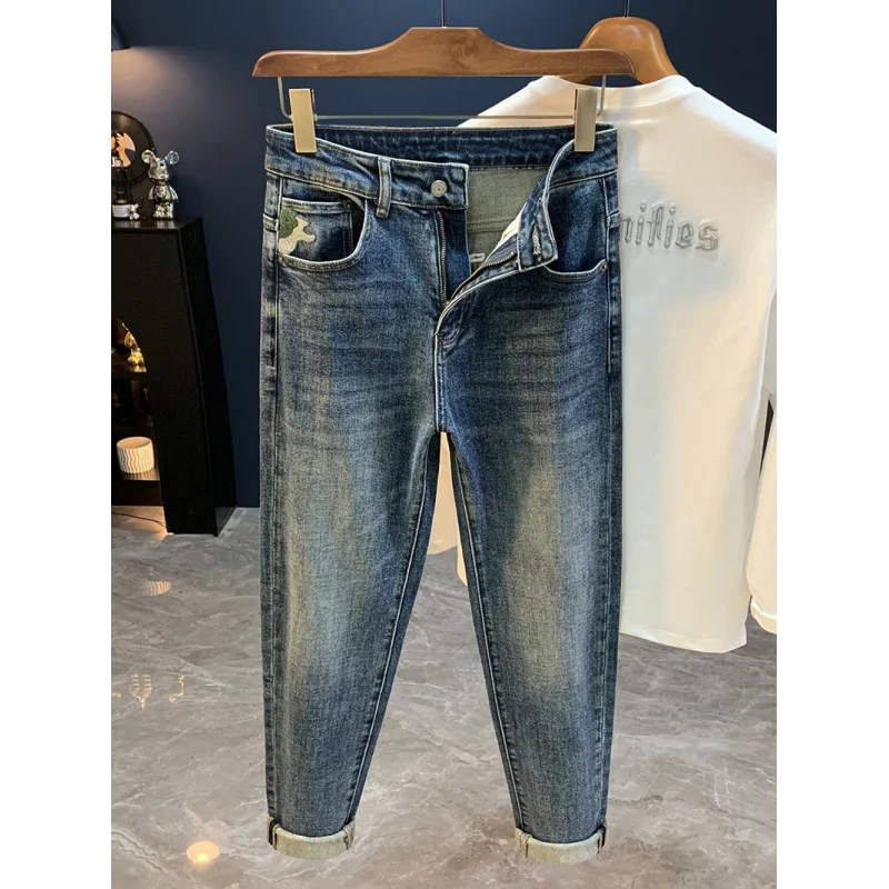 Осень 2024, новые синие модные джинсы в стиле ретро, мужские универсальные уличные модные повседневные эластичные брюки на маленьких ножках