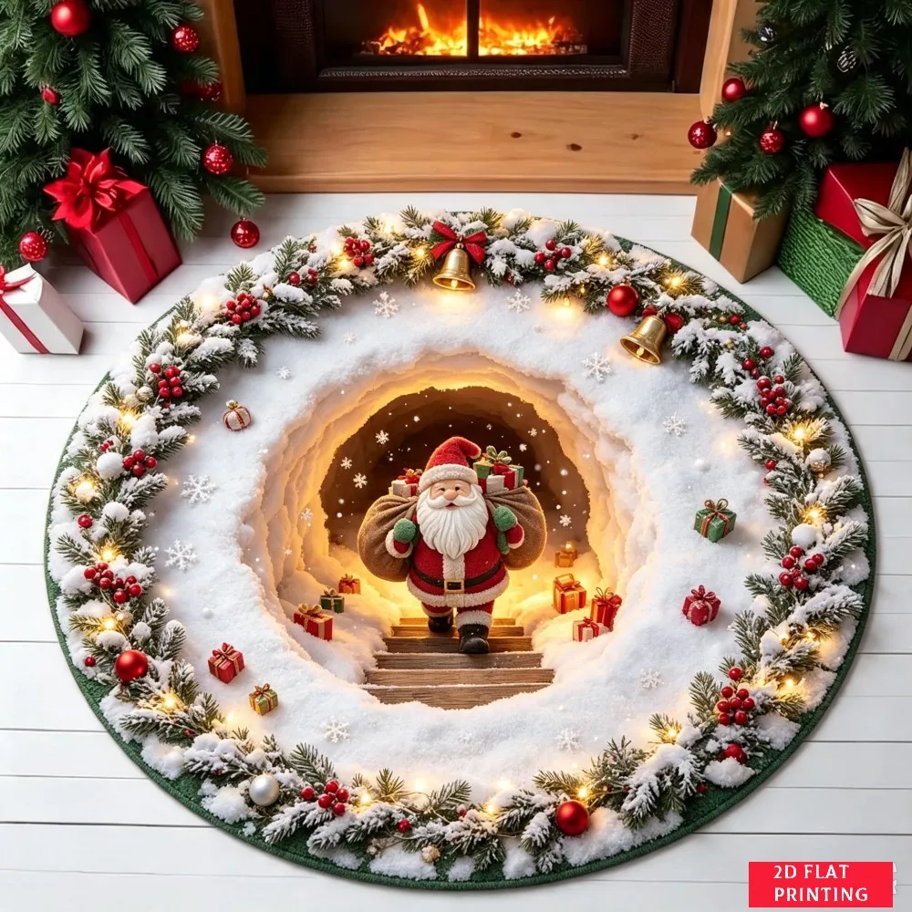 Festive Christmas Gnomes Stone Well Gift Box Garland Round Carpet For Holiday Living Room With Cozy Fireplace Carpet Look