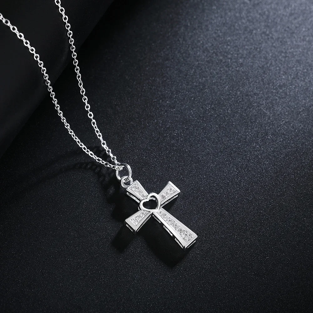 925 Silver Necklace Jewelry Women Wedding Fashion Cross CZ Crystal Zircon Stone Pendant Cute 45cm