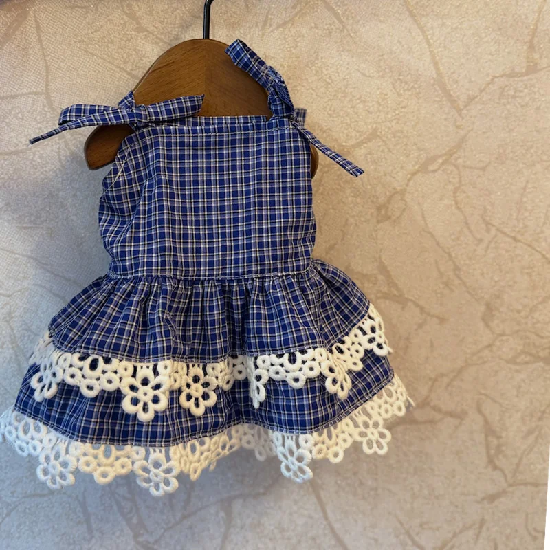 Original Retro Red Blue Plaid Pet Dog Clothes Classic Fashion Bow Sling Dress For Small Medium Dog Poodle Puppy Home Wear Skirt