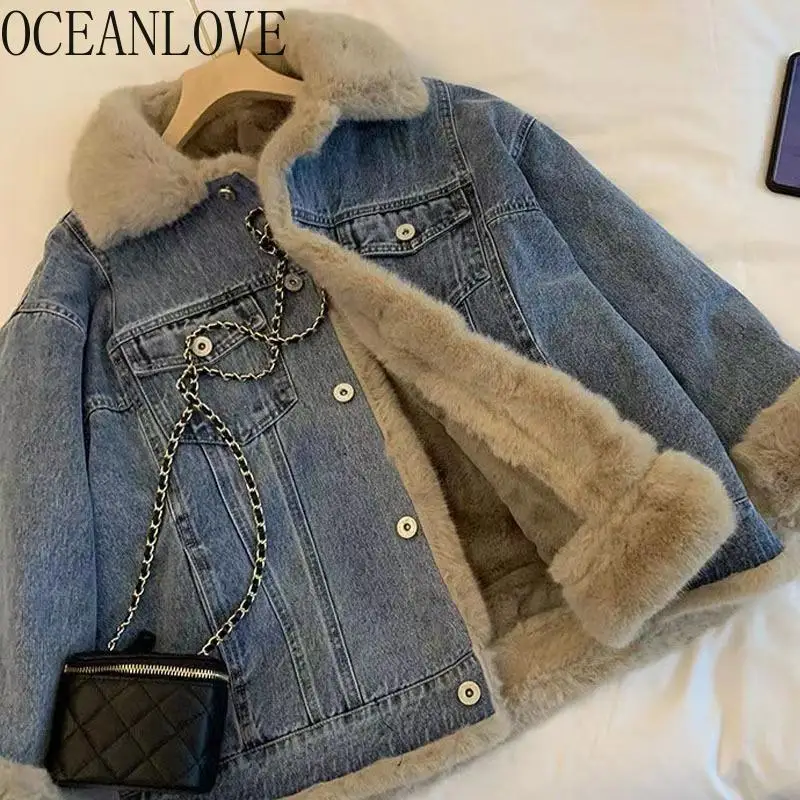 OCEANLOVE Lamb Wool Autumn Winter Jackets Women Thick Warm Denim Chaqueta Mujer Korean Fashion Casual Vintage Outwears