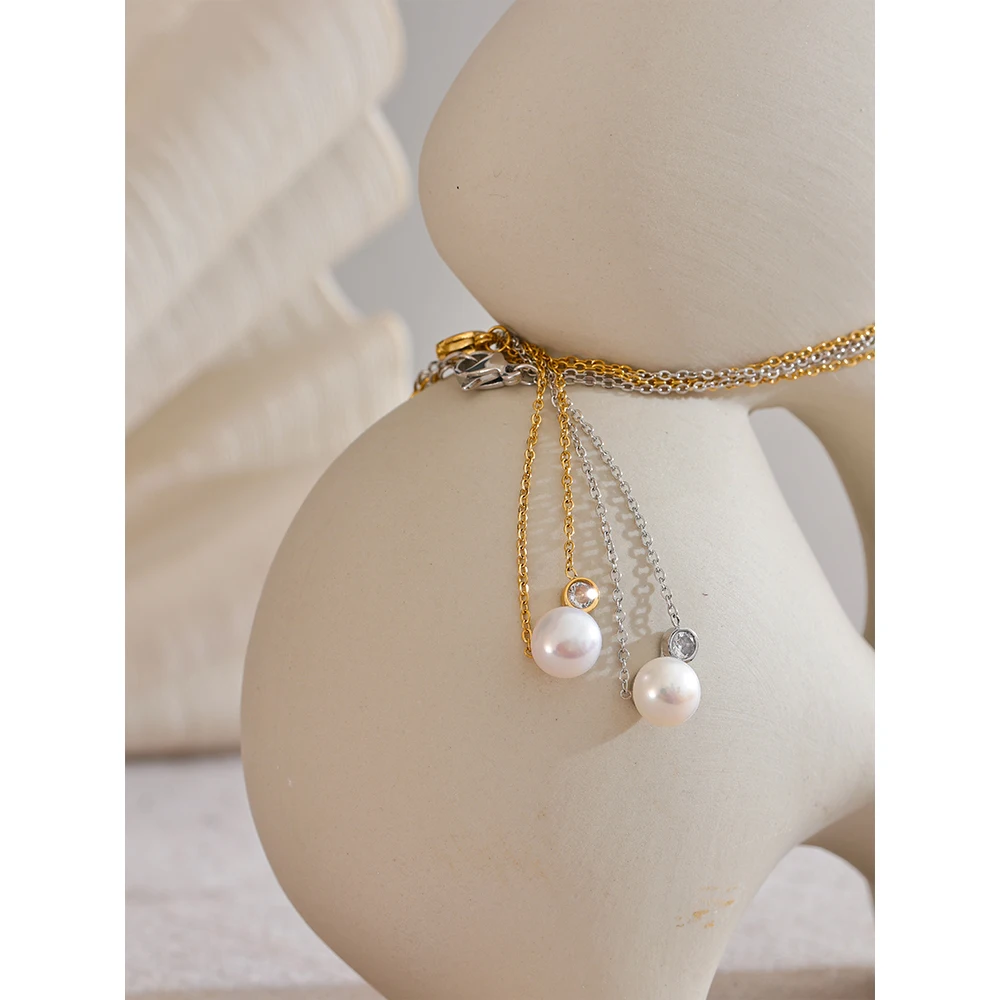 Yhpup Korean Style Stainless Steel Natural Pearl Zircon Necklace Pendant Chain Waterproof Temperament Premium Jewelry