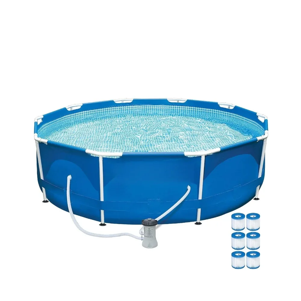 

4 Person Metal Frame Outdoor Above Ground Pool Set with Drain Plug, Filter Pump, and 6 Type H Replacement Filter, Customized