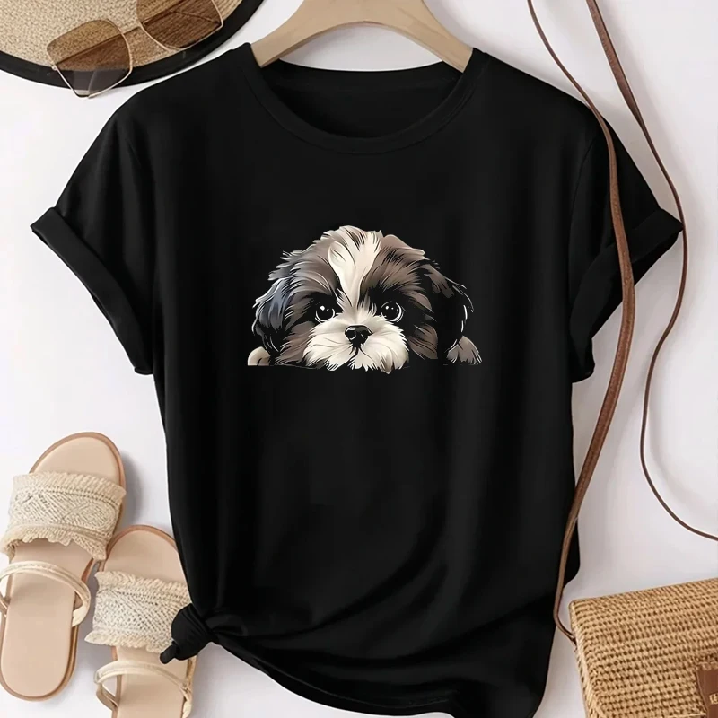 Cute Shih Tzu Cat Cartoon Pattern Casual Comfortable T-Shirt Women's Short Sleeve Cool Interesting Printed Tees Female