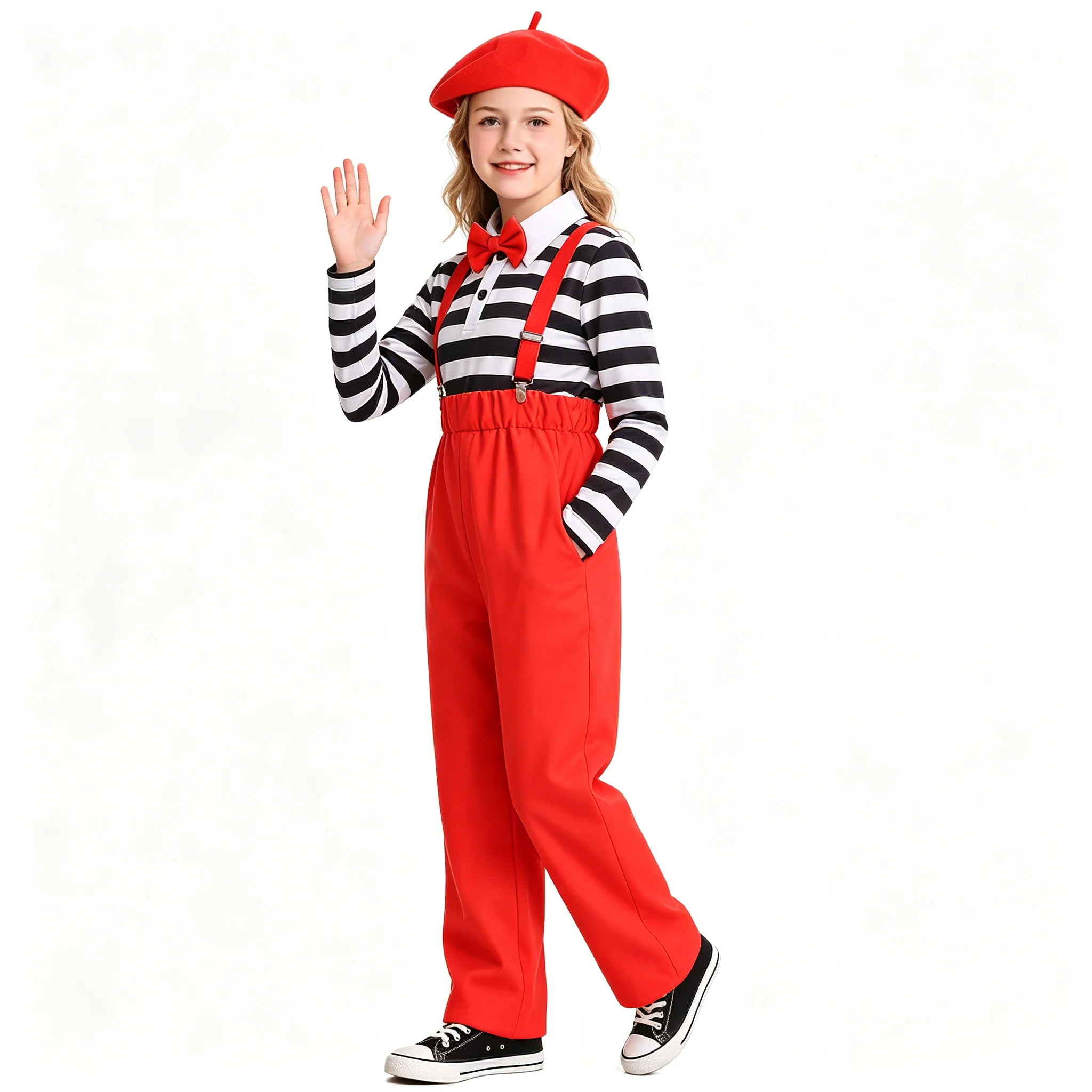 

Boys Girls Kids Stage Costume Long Sleeve Striped T-shirt Suspenders Pants with Bow Tie for School Drama Play Performance Wear