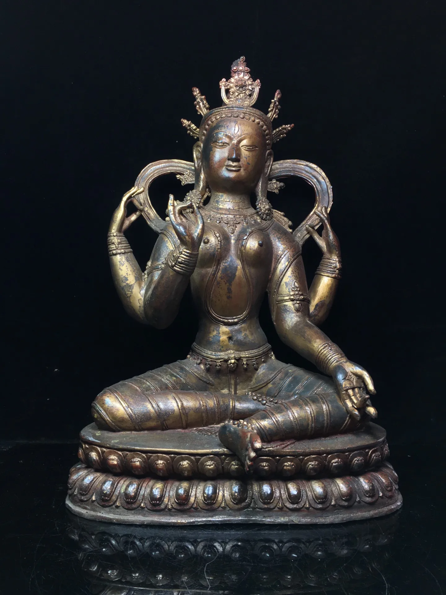 

21"Tibetan Temple Collection Old Bronze Cinnabar Mud gold Four armed Tara Lotus Terrace Sitting Buddha Worship Hall Town house