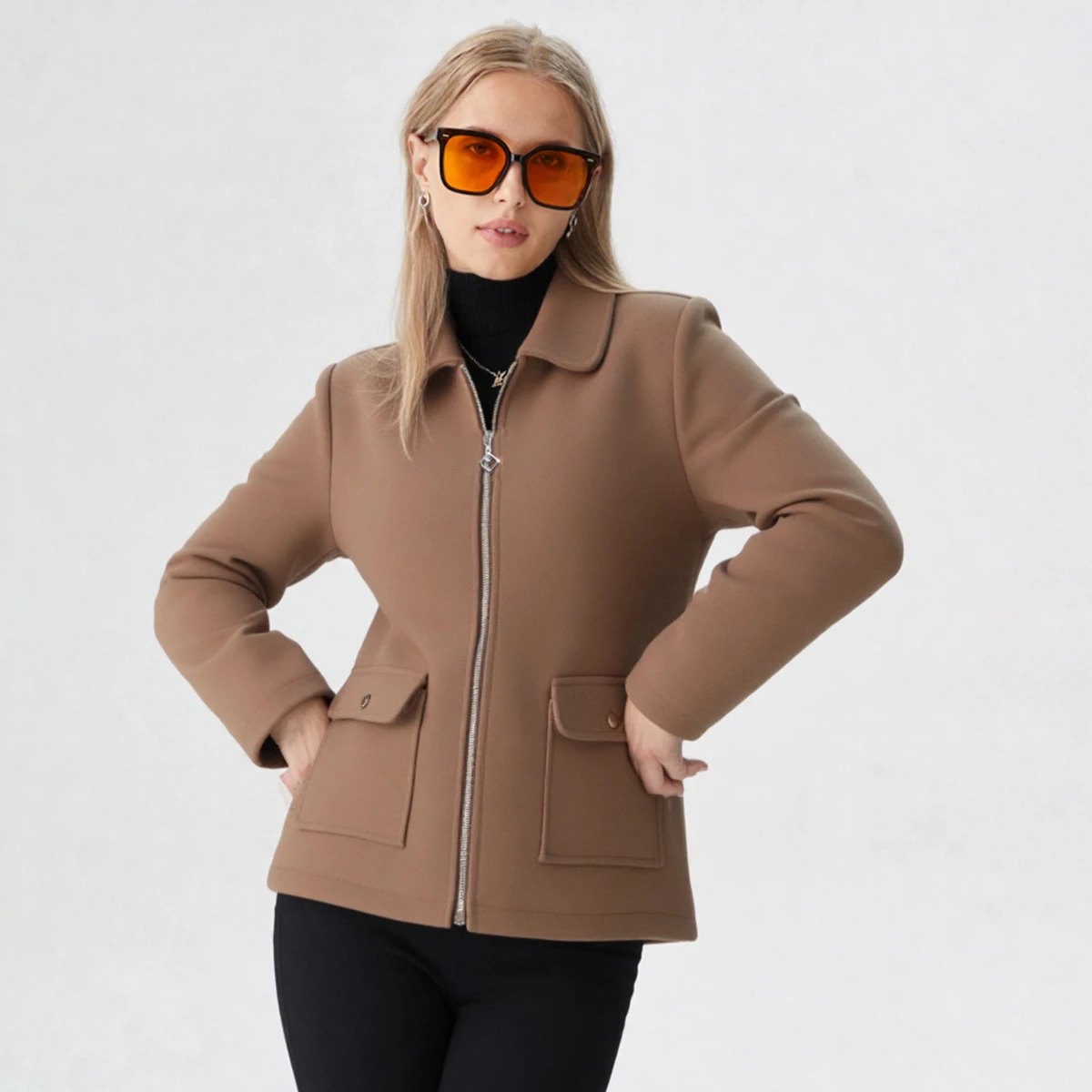 

2026 European Tailored Women Notch Lapel Blazer Coat 100% Polyester Vintage Long Sleeve Flap Pockets Casual Office Wear