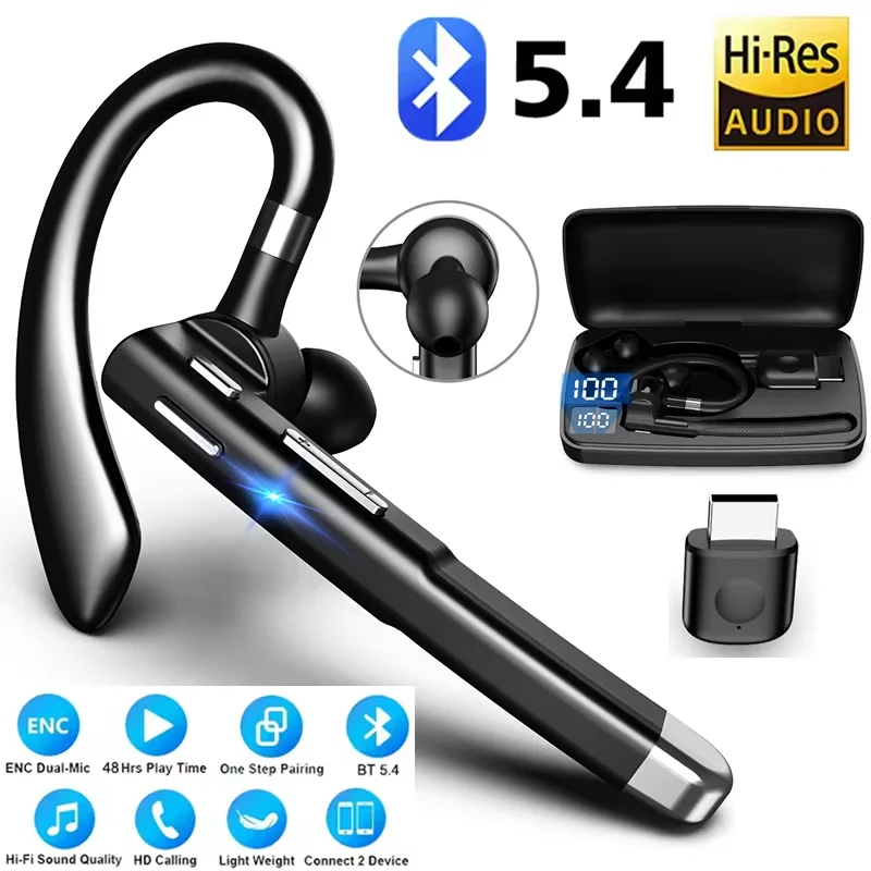 Wireless Bluetooth 5.4 Headset Ear-hook Single Ear Driving Headphone With Dual-Mic Noise Cancelling Handsfree Earphones 500mAh