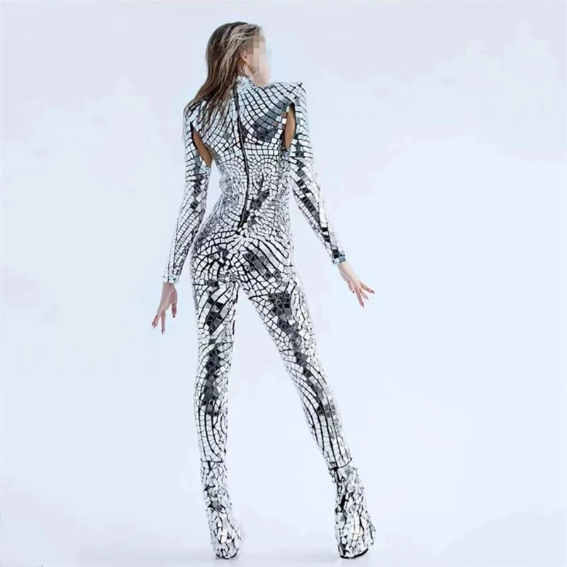 Women Lens Bodysuit Bar Silver Jumpsuit Nightclub show Mirror Sequins Jumpsuit Gogo Stage Show Costume Pole Dance outfit