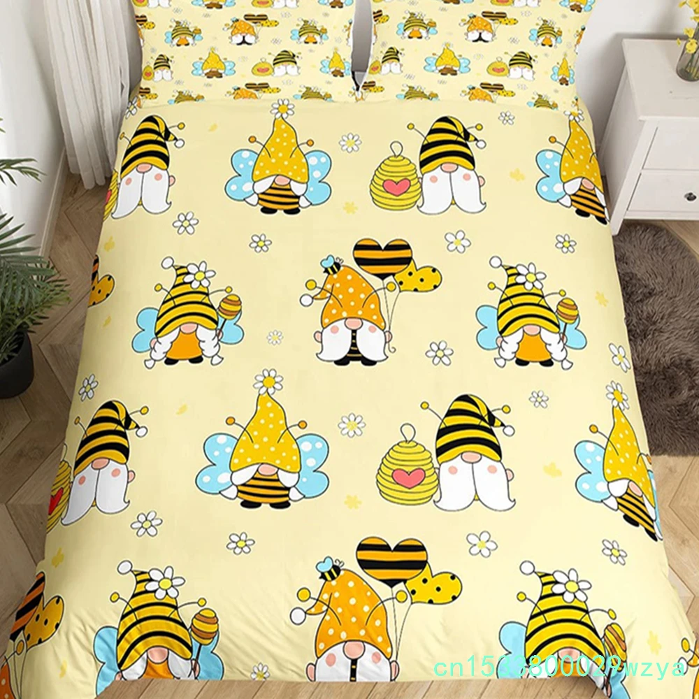Kids Cartoon Bee Gnomes Duvet Cover King Size White Daisy Floral Bedding Set Cute Honey Bee Comforter Cover For Boys Girls Room