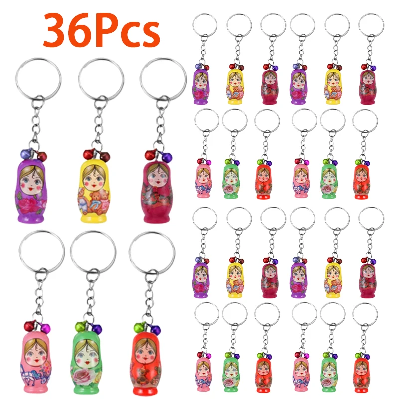 36Pcs Russian Nesting Dolls Keychains with Small Bells Russian Dolls Pendants Key Rings Creative Keychains Charm Decors