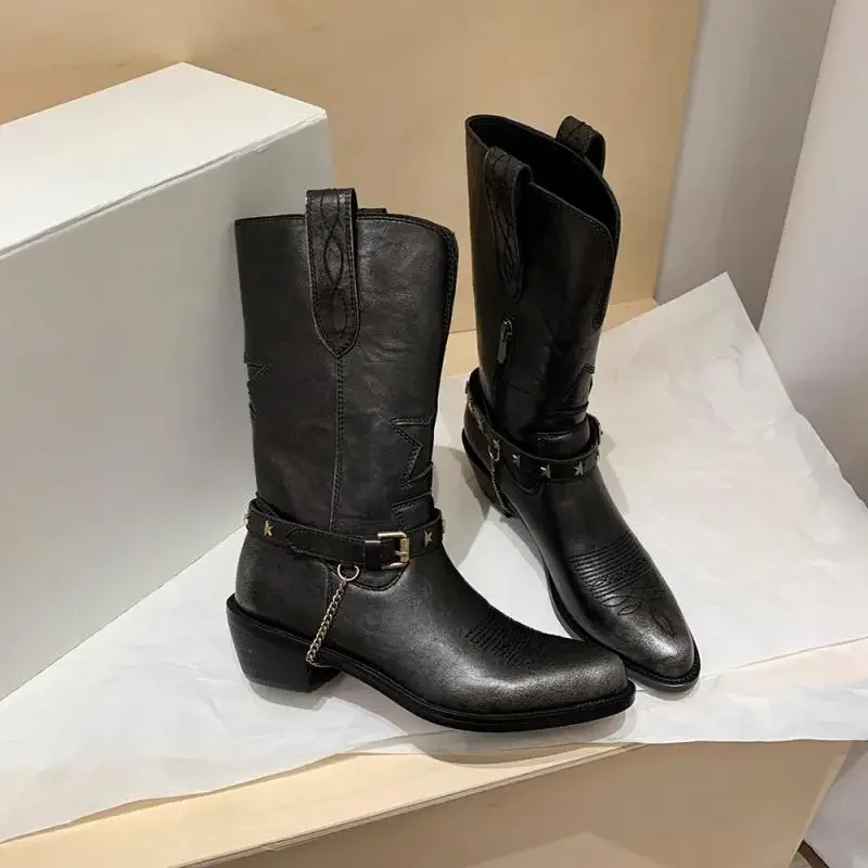 

2024 New Retro Belt Buckle Side Zipper Thick Heel Western Boots Medium Tube Knight Boots Women's Tall Boots