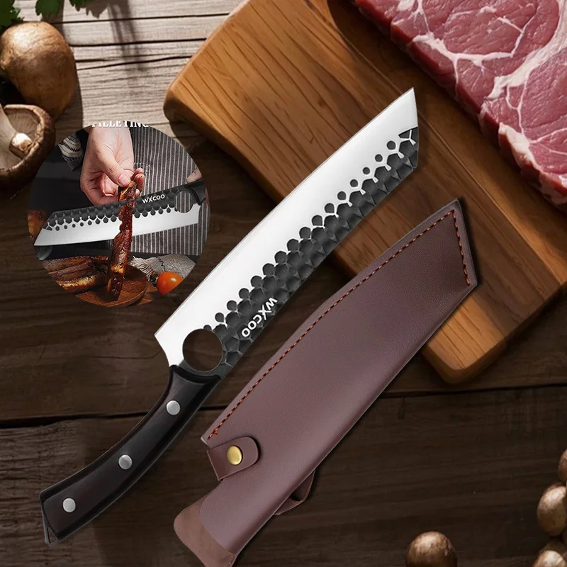 WXCOO Hand-Forged Butcher Knife Stainless Steel Kitchen Knife with Cover Wooden Handle Long Fish Boning Slaughter Meat Cleaver