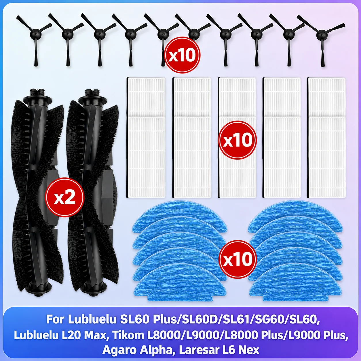 Compatível com Lubluelu SL60 Plus/SL60D/SL61/SG60/SL60, lubluelu L20 Max, Tikom L8000/L9000/L8000 Plus/L9000 Plus, Agaro Alpha, Laresar L6 Nex Peças: Rolo Principal, Escova Lateral, Filtro HEPA, Pano de Limpeza