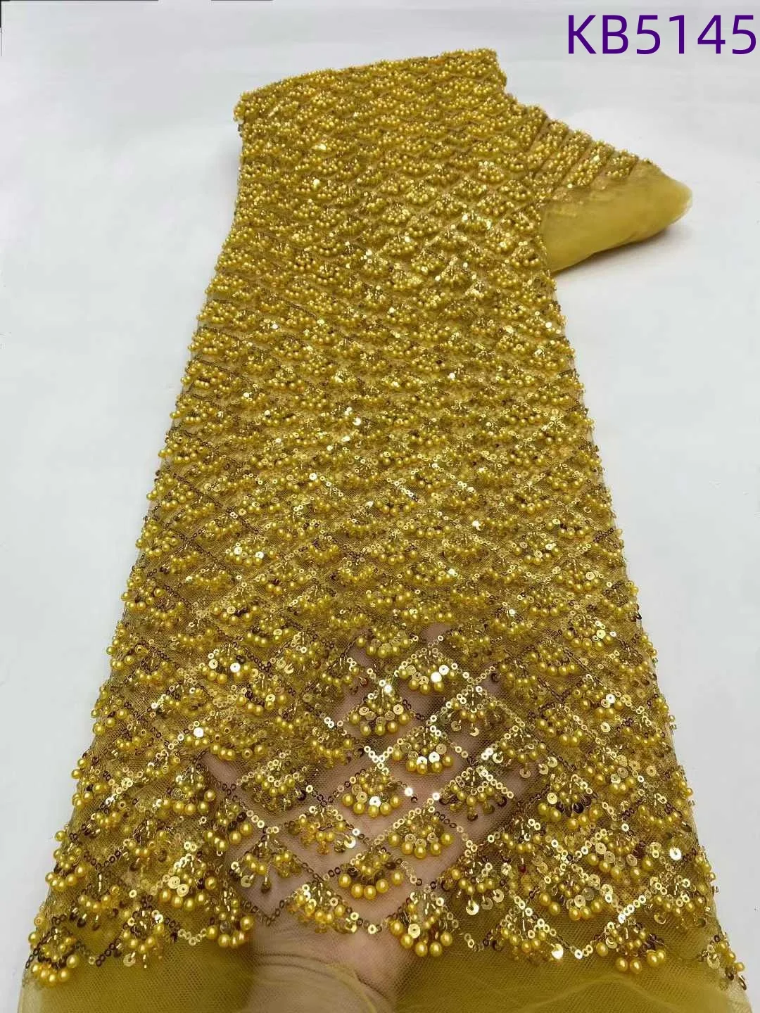 

Gold Beaded Tulle Lace African Fabric Lace High Quality 2025 Beaded Embroidery Fabric Sequins French Mesh Lace For Sewing KB4705