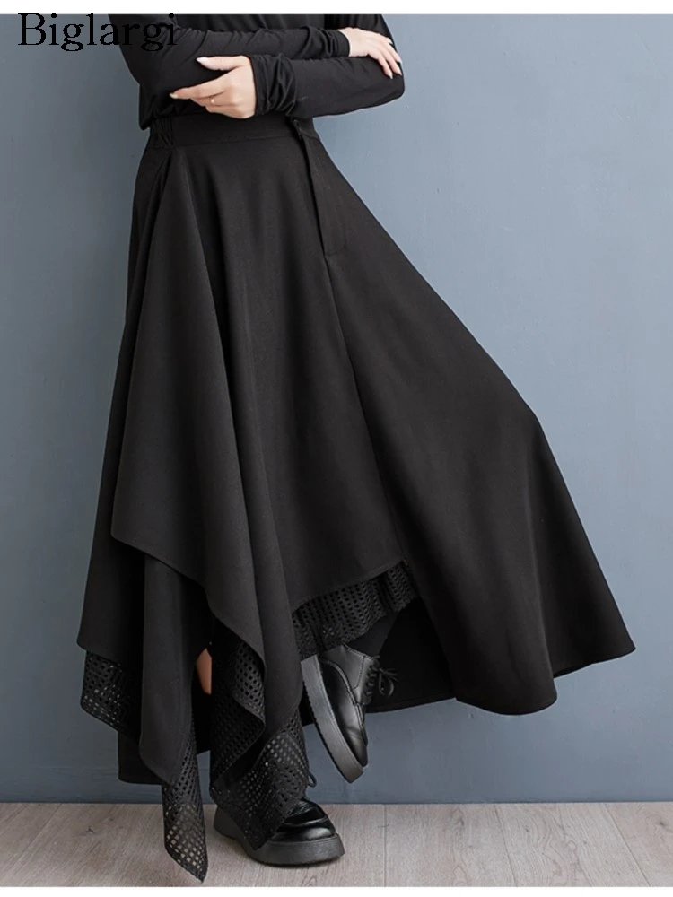 กระโปรงทรงเอไลน์ยาวสำหรับฤดูใบไม้ร่วง ไซส์ใหญ่ ผู้หญิง กระโปรงจีบระบายแบบไม่สมมาตร แฟชั่นลายต่อผ้า กระโปรงผู้หญิงเอวสูงแบบยางยืด