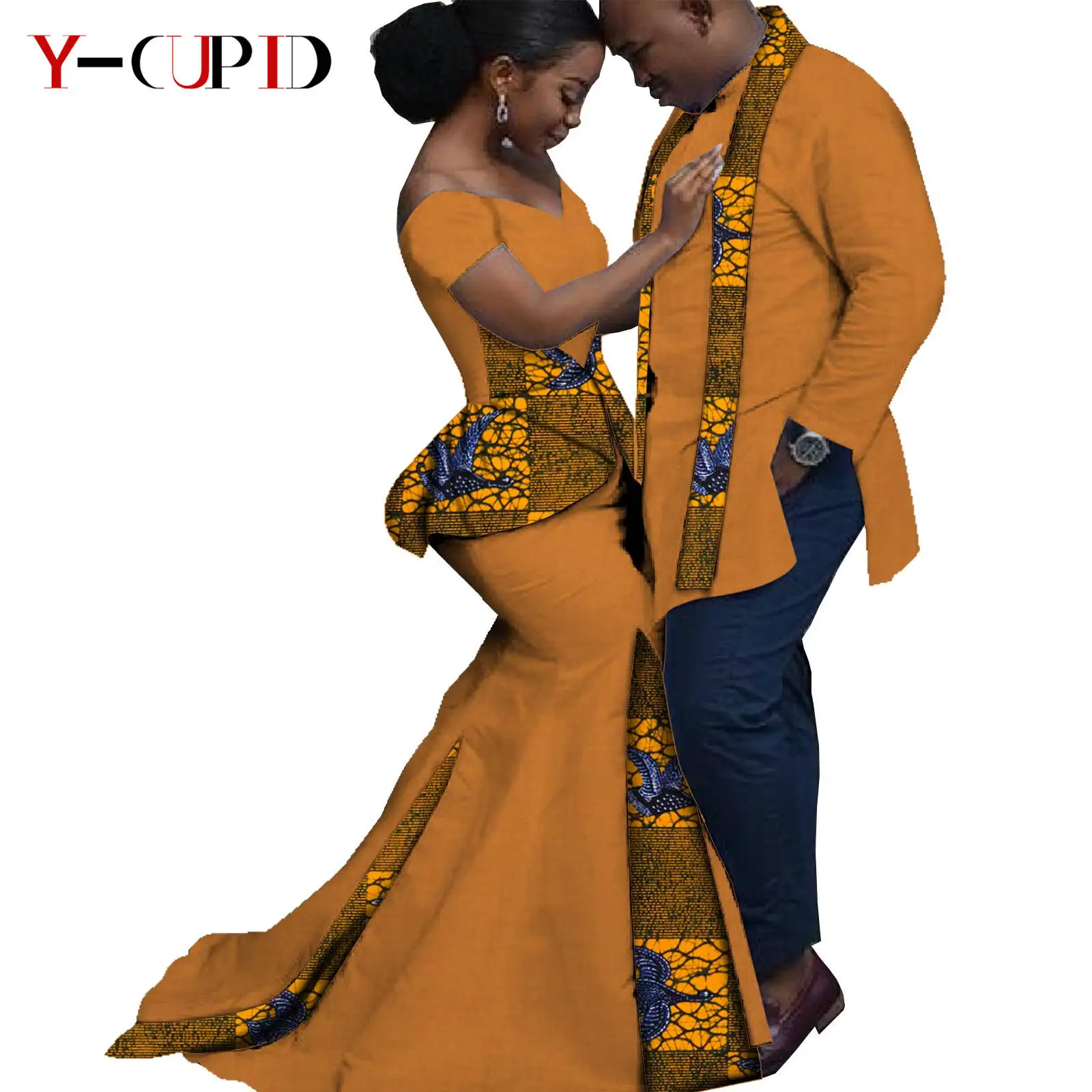 African Print Ruffles Mermaid Long Dresses Matching Couple Clothes Dashiki Men Top and Ankara Scarf  Party Wear S20C013