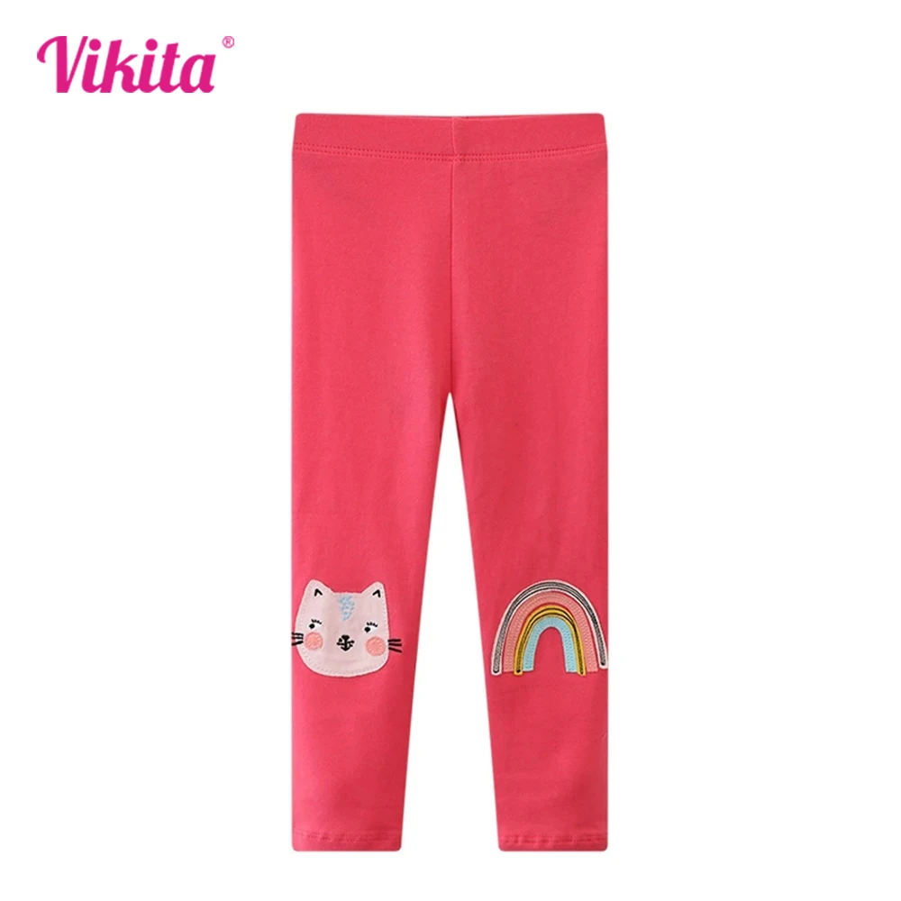 

VIKITA 2025 New Kids Red Skinny Pencil Pants Girls Cat Rainbow Cartoon Appliqued Trousers Toddlers Cotton Casual Bottomes Wear