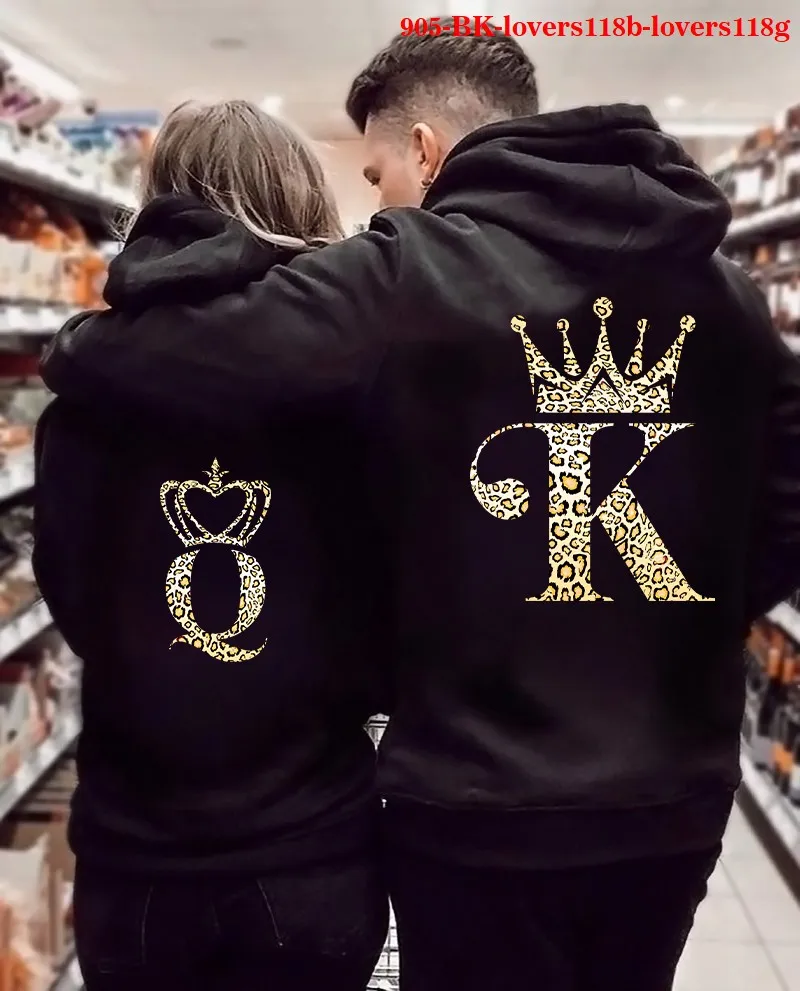 Winter Hooded Pullover Tops Hoody Long Sleeve Couple Clothing KING Queen Crown Printing Women Hoodies Sweatshirt for Lovers