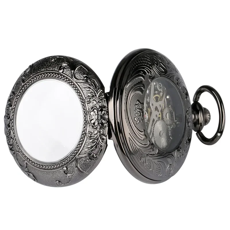 Antique Black Skeleton Unisex Mechanical Hand Wind Poket Watch Transparent Glass Steampunk Roman Number Clock Fob Pendant Chain