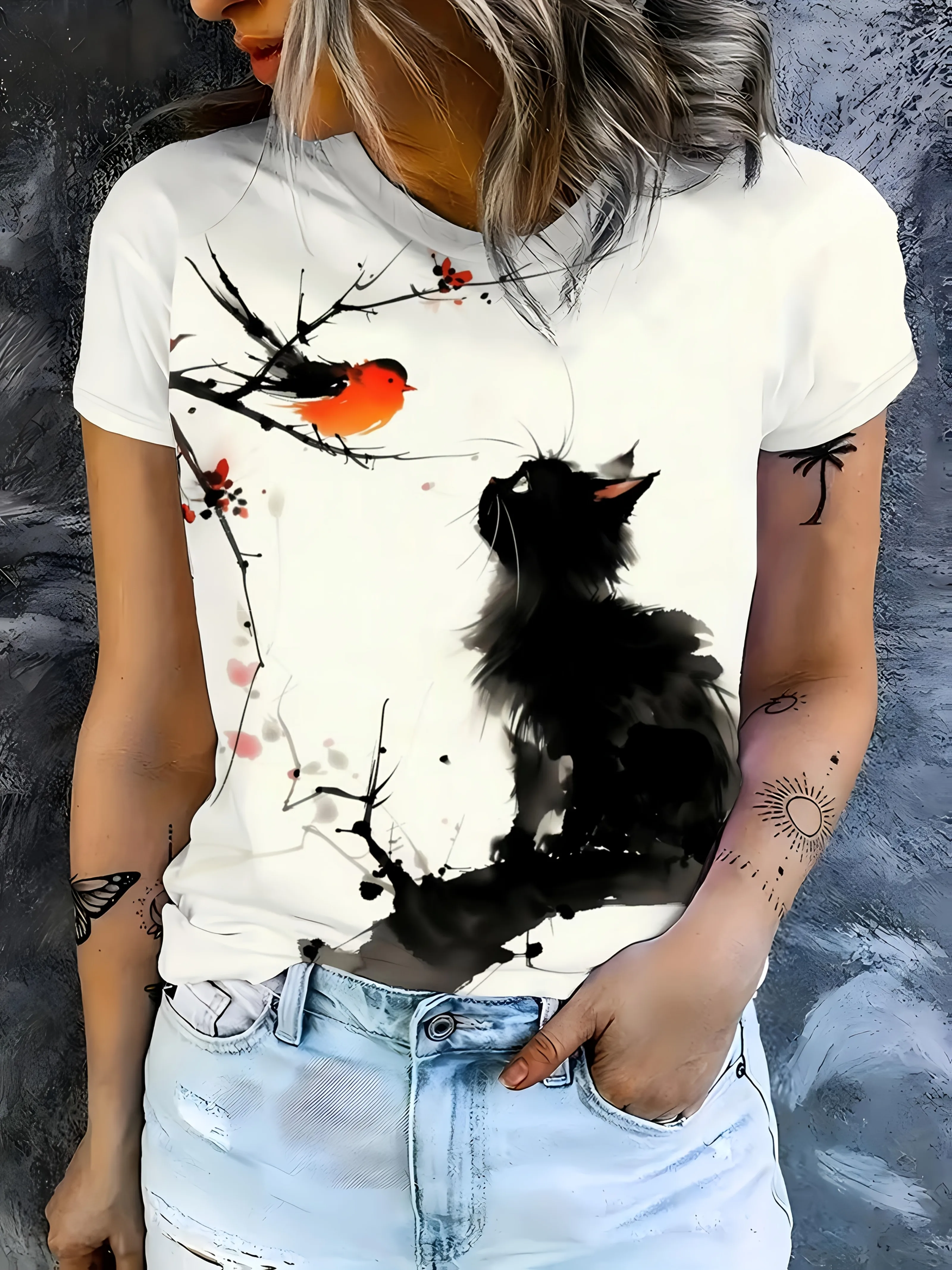 Women Crew Neck T-shirt Chinese Ink Painting Black Cat Robin Plum Blossom Branch Print White Short Sleeve Casual Summer Top