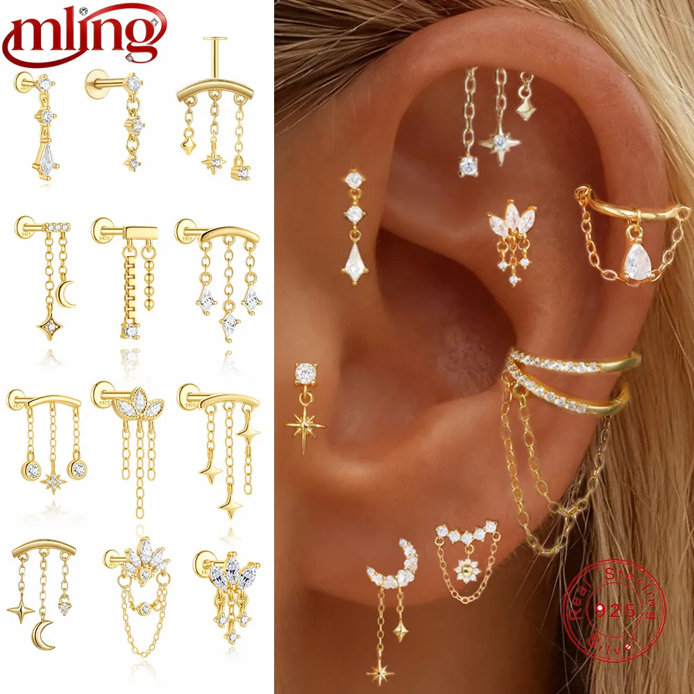

MLING 1PC 925 Sterling Silver Tassel Chain Piercing Earring Women Ins 18K Gold Plated Eight-pointed Star CZ Stud Earring Gift
