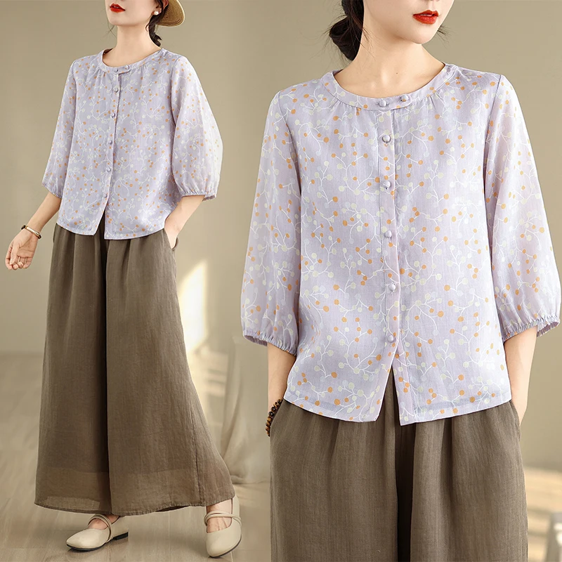 

Большие размеры с принтом в горошек, хлопок и лен, женский летний антивозрастной тонкий круглый Ne льняной топ, свободный крой, обычная длина