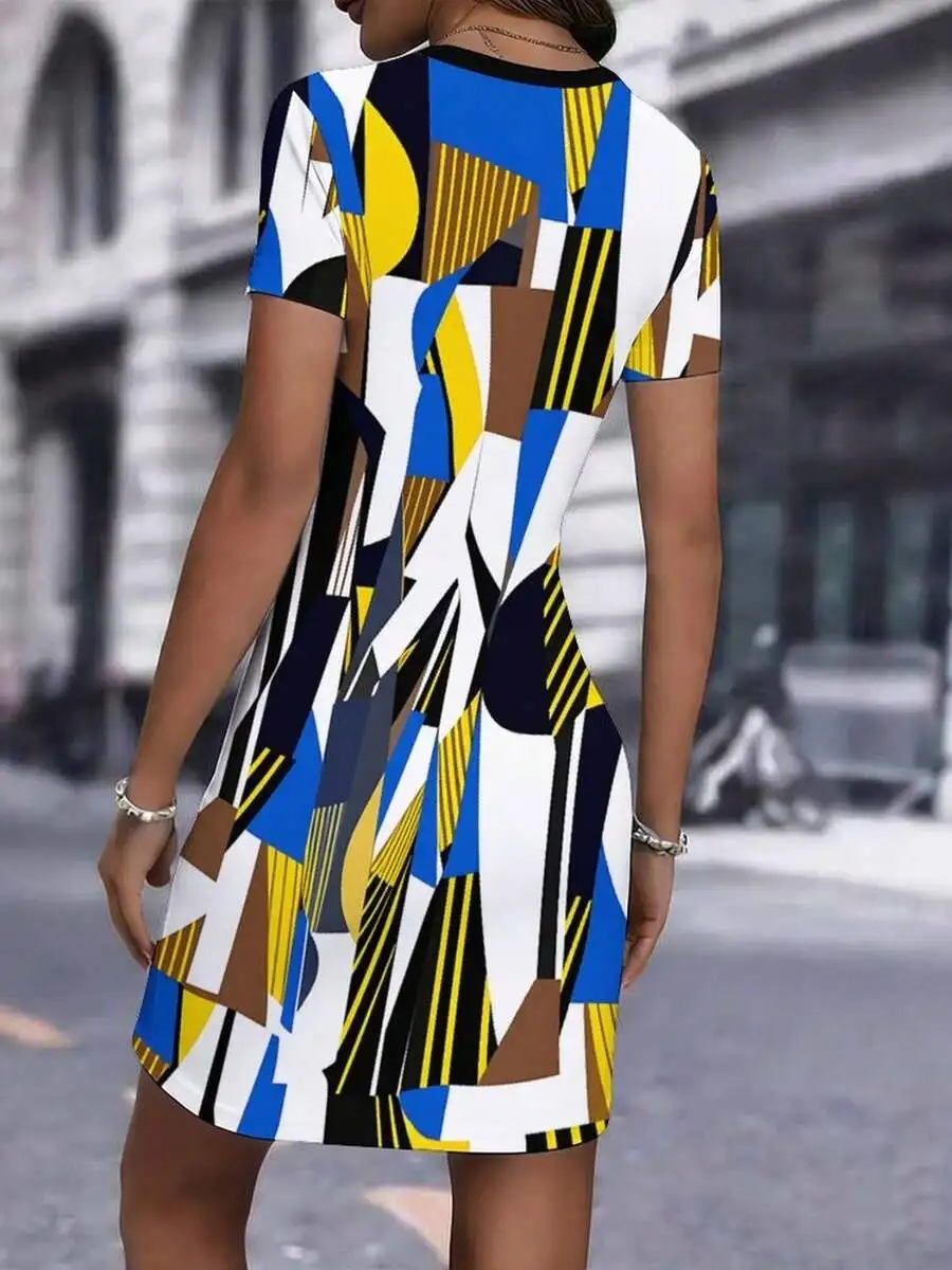 

Womens Abstract Print Bodycon Mini Dress Short Sleeve Round Neck Party Casual Wear