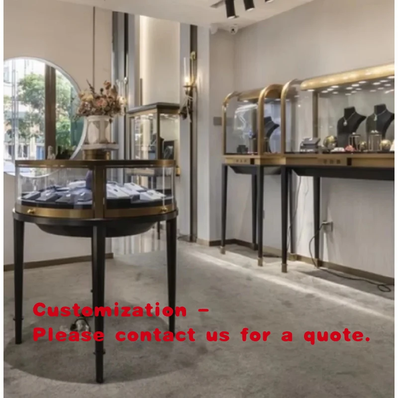 

custom.Vintage Luxury Jewelry Display Showcases High End Custom Glass with Gold Trim LED Lighting Retail Store and Showroom