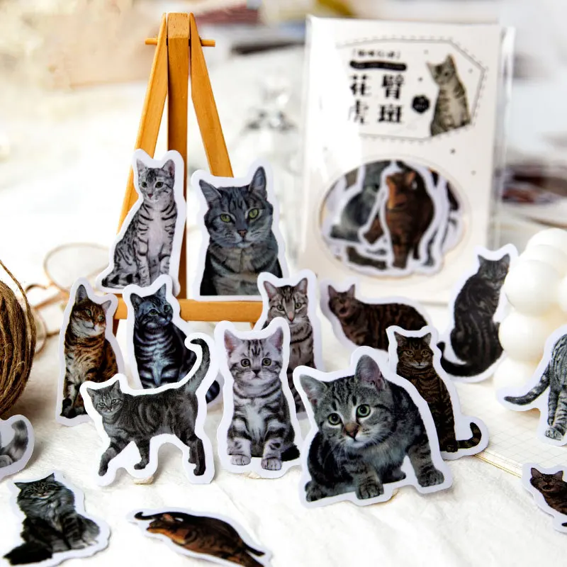 30PCS Cat Action Series Decorative Sulfate Paper Sticker Retro Handbook Scrapbooking Material Label Diary Journal Planner