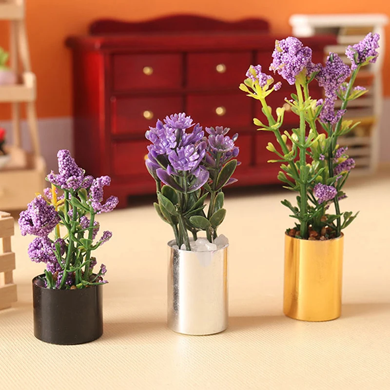 1:12 Dollhouse Miniature Potted Plant Purple Flower Pot Bonsai Garden Home Model Decor Toy Doll House Accessories