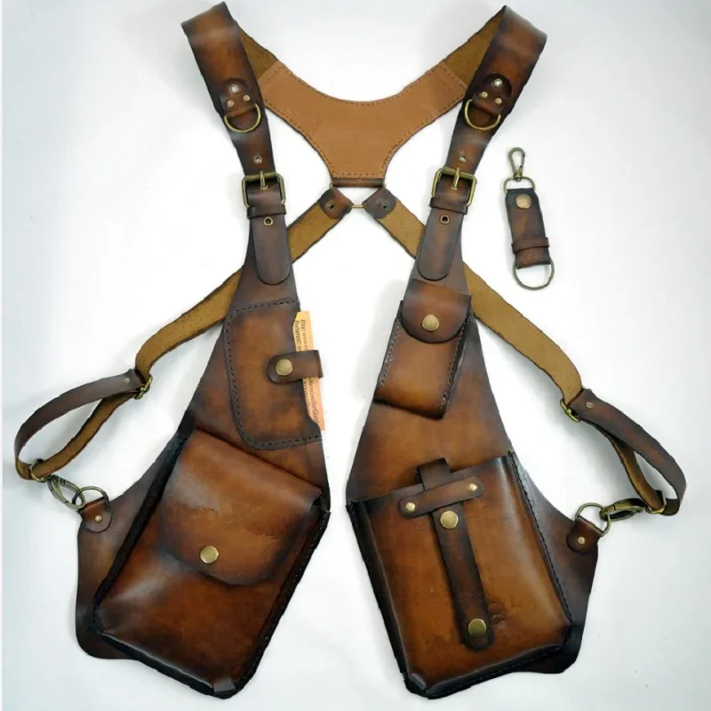 

Medieval Steampunk Festival Leather Harness Bag Gothic Shoulder Phone Purse Holster Pouch Viking Pirate Double Hidden Pocket Bag