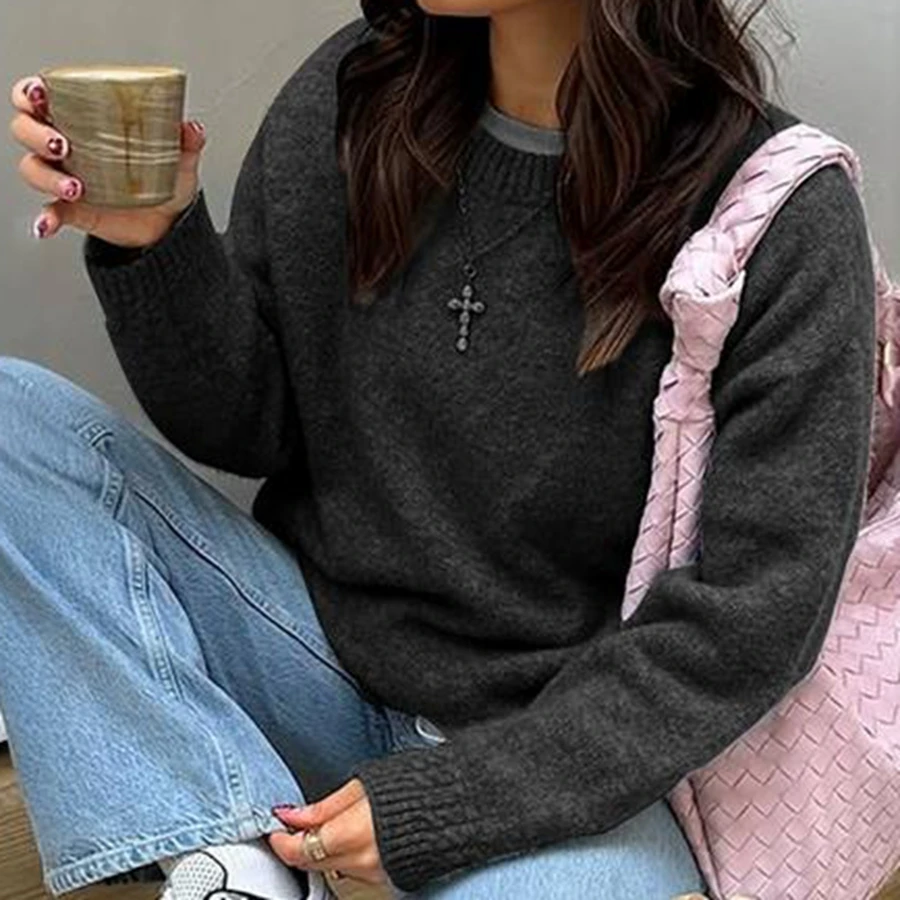 

Винтажный женский осенне-зимний вязаный свитер с длинным рукавом и круглым вырезом, однотонный трикотаж, топы, альтернативная одежда