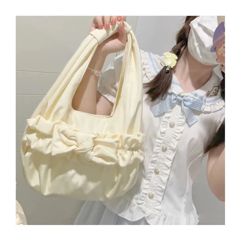 JIAERDI Harajuku Bow Beige Shoulder Bags Women Lolita Sweet Canvas Handbag Female Fairycore Aesthetic Kawaii Underarm Bag Y2k