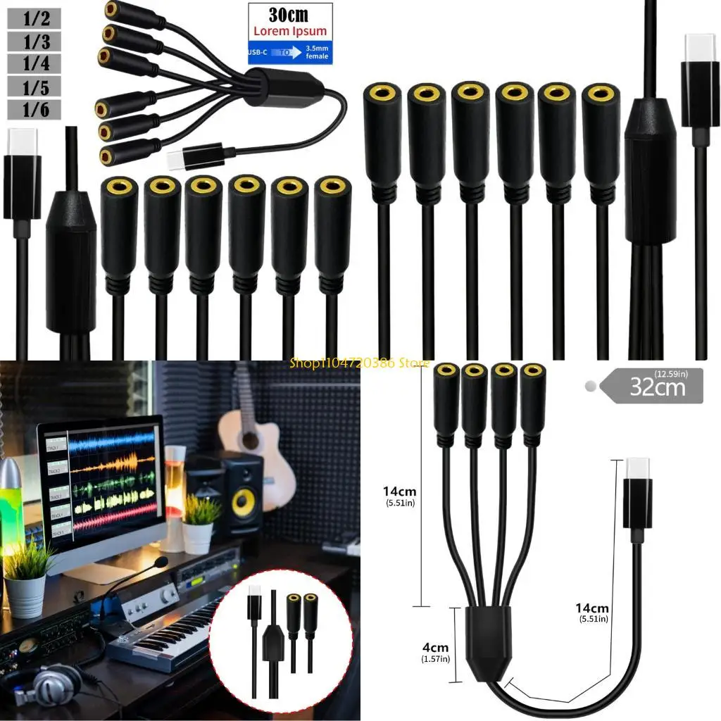 K0EA Type C Headphone Plugs Splitter Multiple Port for Simultaneous Playbacks Recording