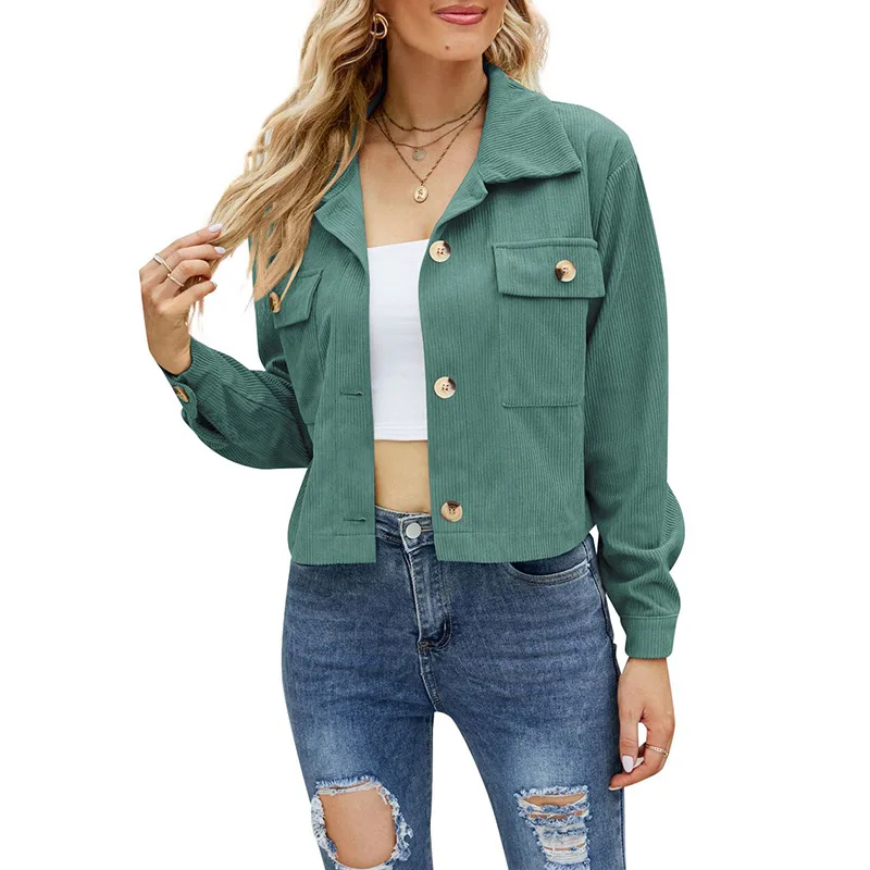 Vintage Corduroy Shacket Button Down Lapel Collar Long Sleeve Pockets Cropped Loose Fit Solid Color Lady Warm Streetwear Jacket