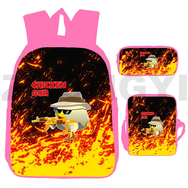 

Chicken Gun Game 3D Backpack 3 Pcs/Set Kawaii Pink Girls Bookbag Laptop Travel Bag Primary Cartoon Chicken Gun Schoolbag Pen Box