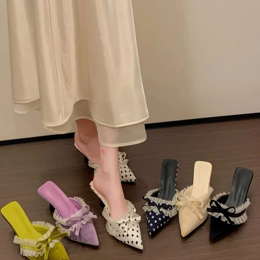 Spring Summer Women's Half Slipper Shoes Casual Style Low Cut  Knot Lace Design Portable High Heel Sandals Half Toe