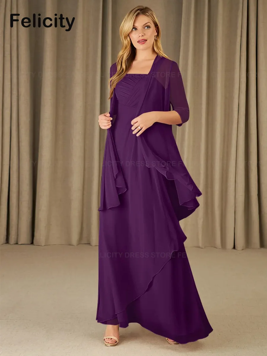 Simple Two Piece Mother of the Bride Dresses 2023 A-Line Chiffon Floor-Length Pleated Wedding Party Dress Robes Invitée Mariage