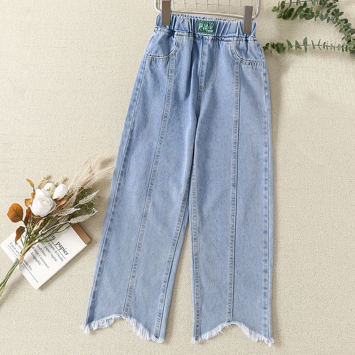 

Kids Blue Jeans for Girls Denim Pants Wide Leg Spring Autumn Teenagers Children Clothes Cotton Baby Trousers 6 8 10 12 13 Years