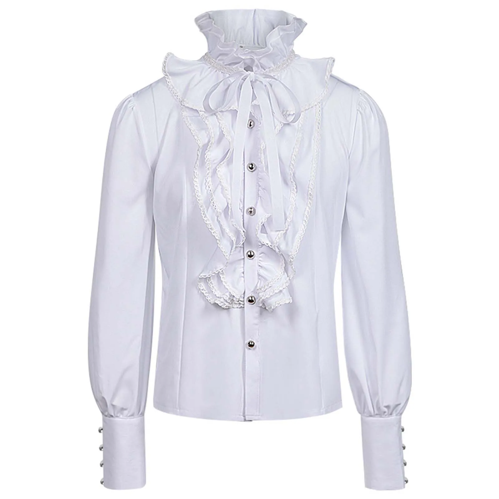 

Medieval Renaissance Shirt Men's Gothic White Black Ruffled Turtleneck Long Sleeves Shirts Vintage Steampunk Victorian Blouse