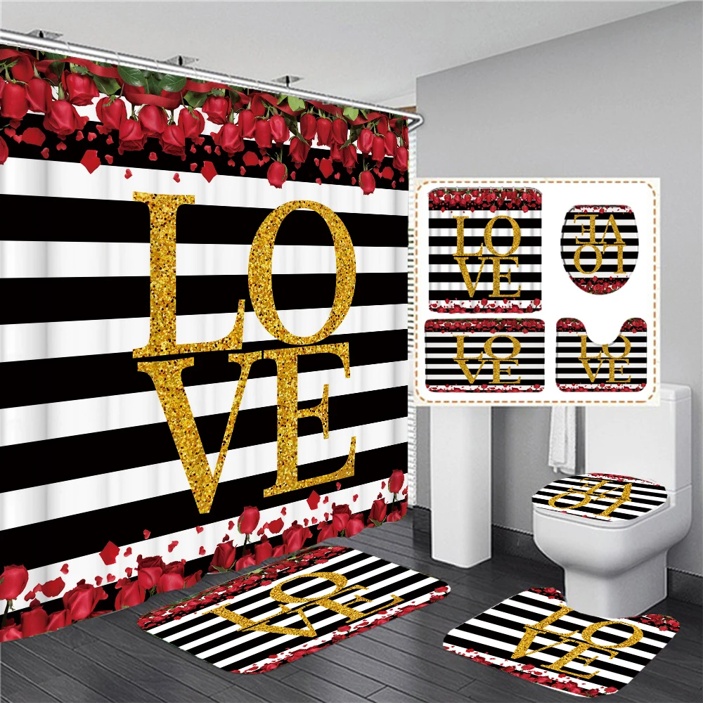 Love Romantic Red Rose Shower Curtain Set Toilet Lid Cover and Bath Mat Valentine\'s Day Bathroom Curtains with Hooks Home Decor