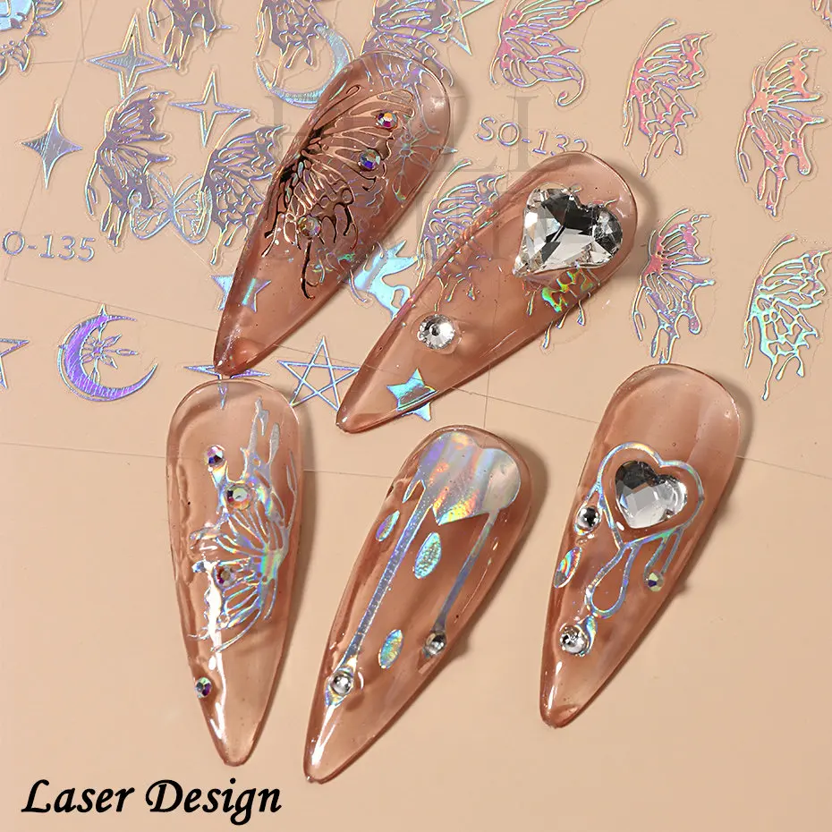 Złoty motyl paznokcie naklejki brązujący róża złoty Laser Design marzycielski księżyc gwiazdy naklejki Nail Art suwak uroczy wystrój SO-132