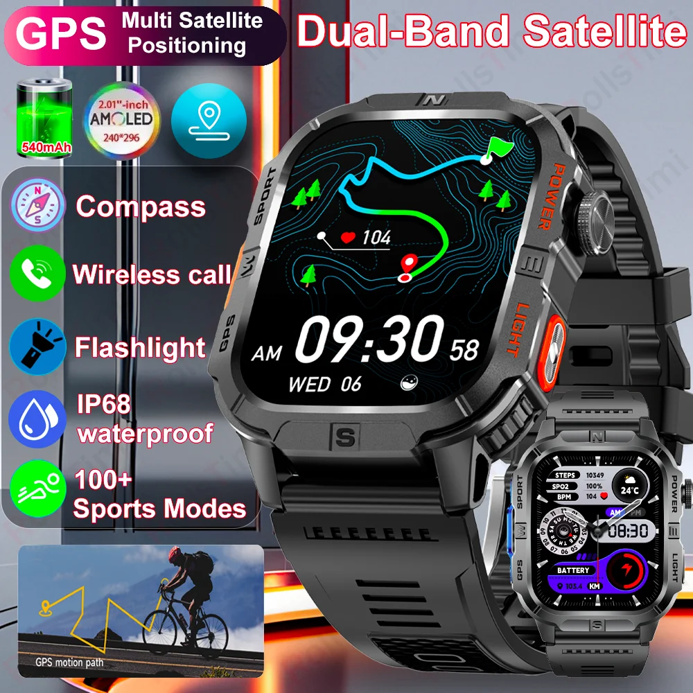 

2025 Military Smartwatch GPS Men Flashlight Waterproof Outdoor Sports Tracker HD Bluetooth Calls Smart Watch New For Android IOS