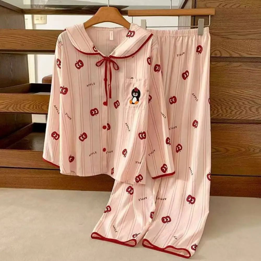 

Ins Flip Collar Stripe Pajamas Set Dog Penguin Long Sleeves Pajamas Loose Casual Sweet Pajamas Suit Women