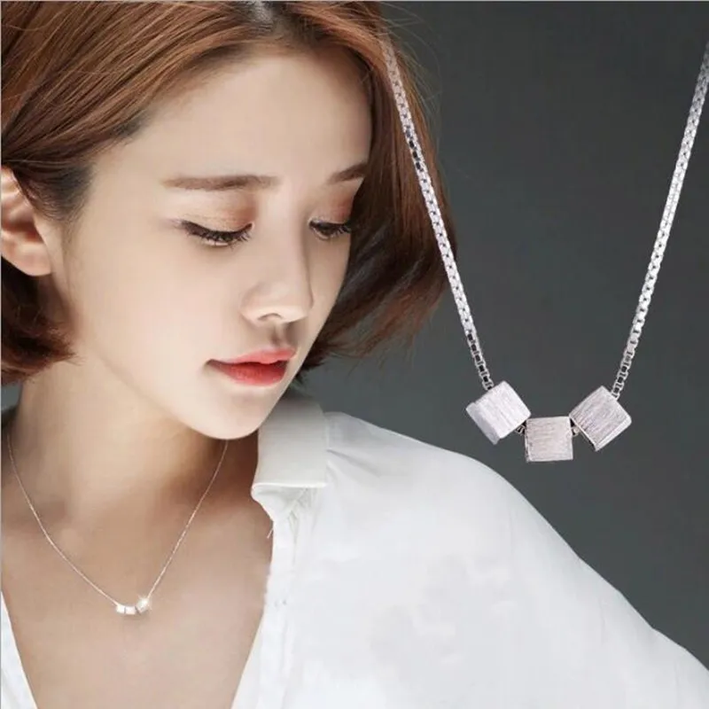 Personality Three-dimensional Block Brushed 925 Sterling Silver Jewelry Korean Fashion Clavicle Chain Pendant Necklaces   XL144