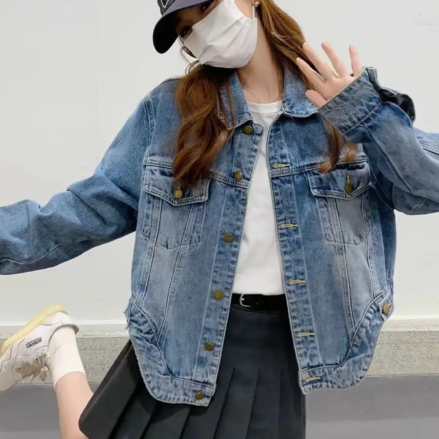 Blue washed denim jacket for women's small spring and autumn new fashion versatile irregular denim casual top