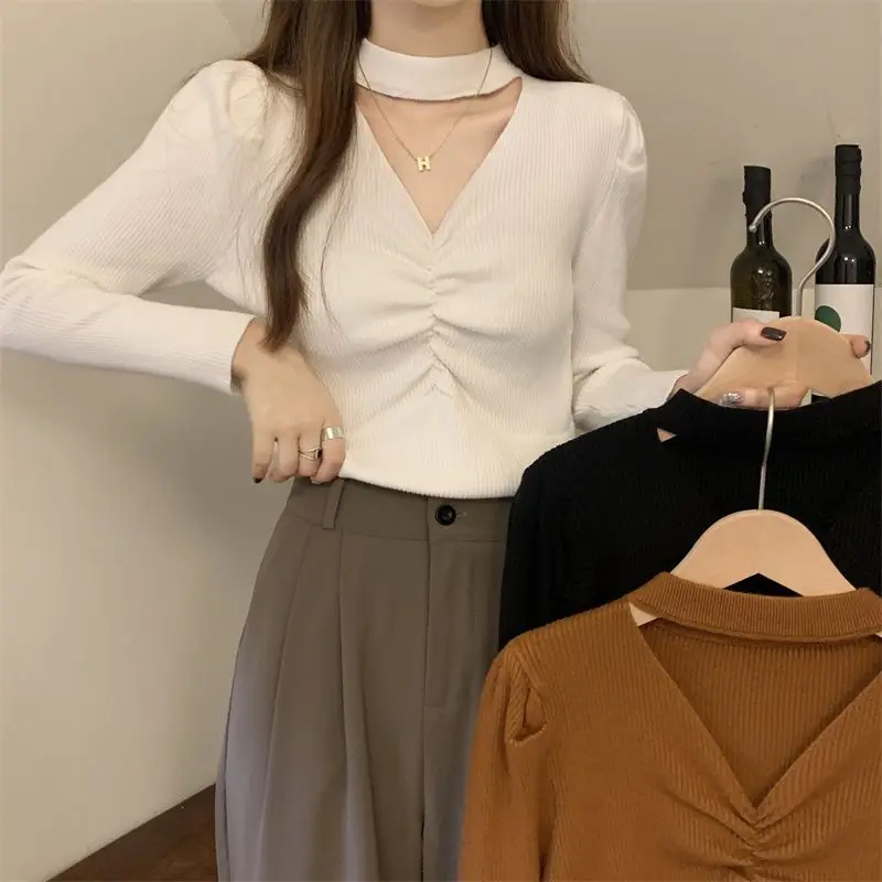 

Fashion Folds Hollow Out T-shirt Women's Clothing All-match Solid Color Spring Autumn Commute Round Neck Long Sleeve Pullovers